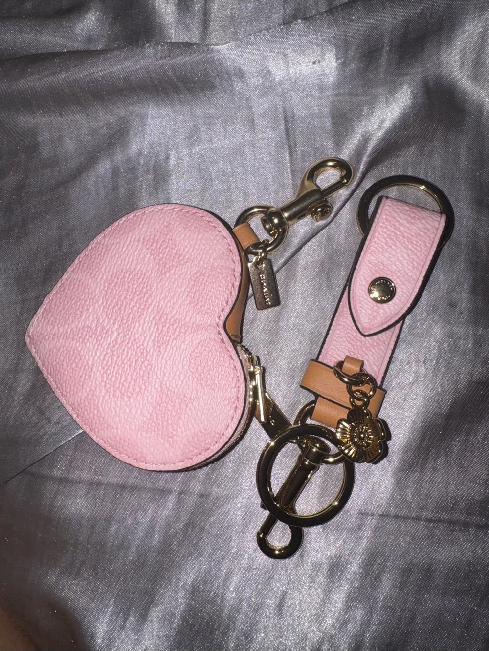 Coach powder Pink Heart Coin Pouch and Strap Keychain Set